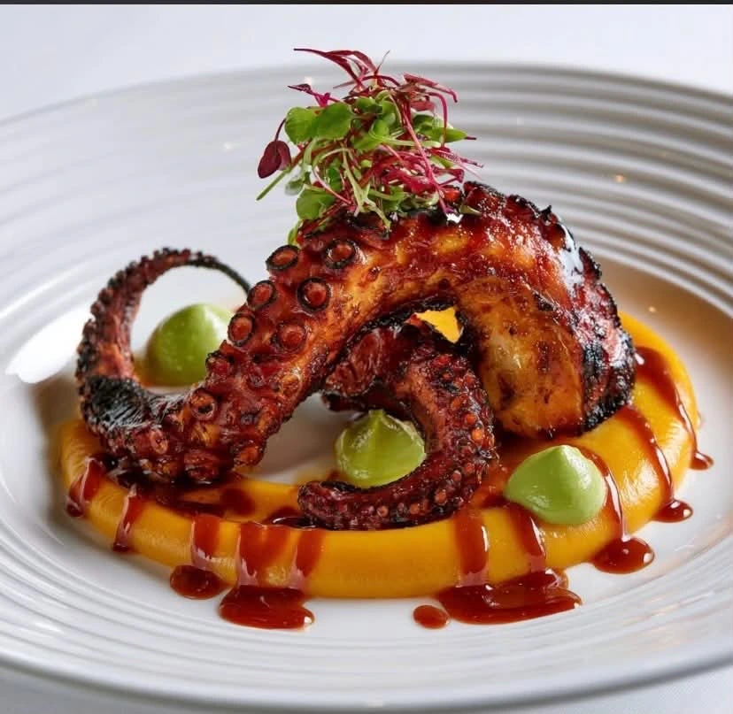 Bläckfisk serverad med modern presentation